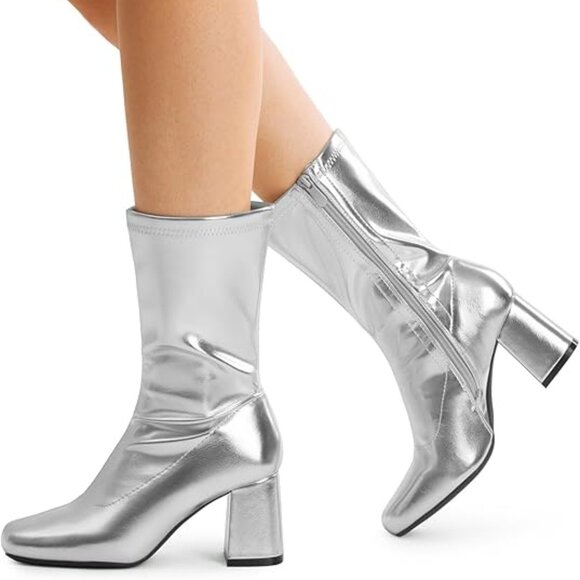 Mid Calf Low Block Silver Heel Boots - Picture 2 of 5